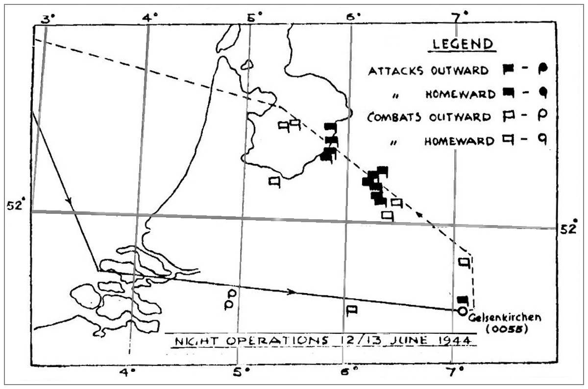 Route map - Night Operations 12-13 Jun 1944 Gelsenkirchen